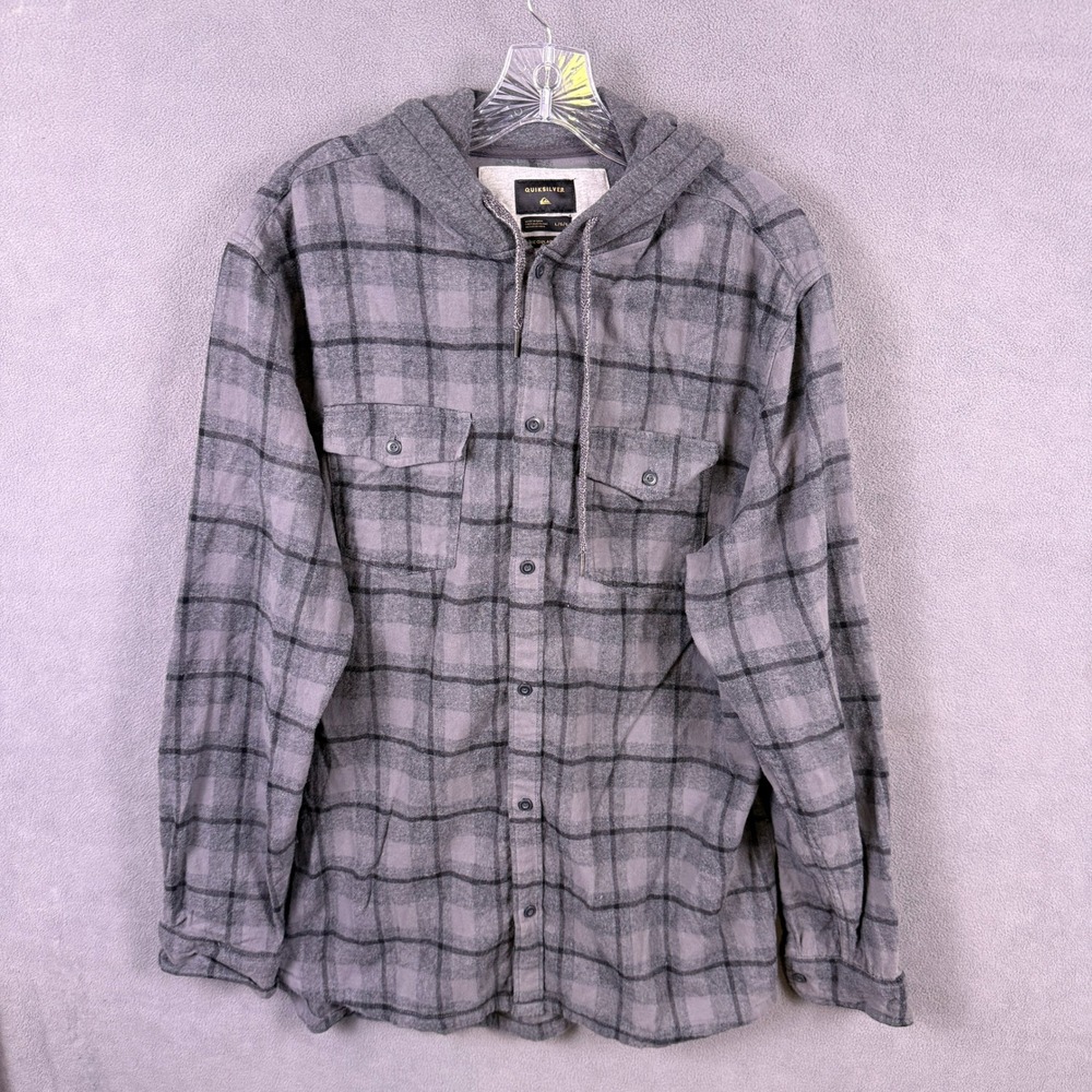 Quiksilver Hooded Flannel Shirt Mens Large Plaid Long Sleeve Y2K Grunge Skate